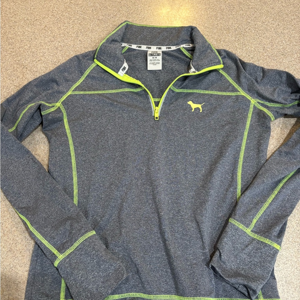 PINK Victoria's Secret Gray quarter zip  Pullover with Neon Yellow Accents